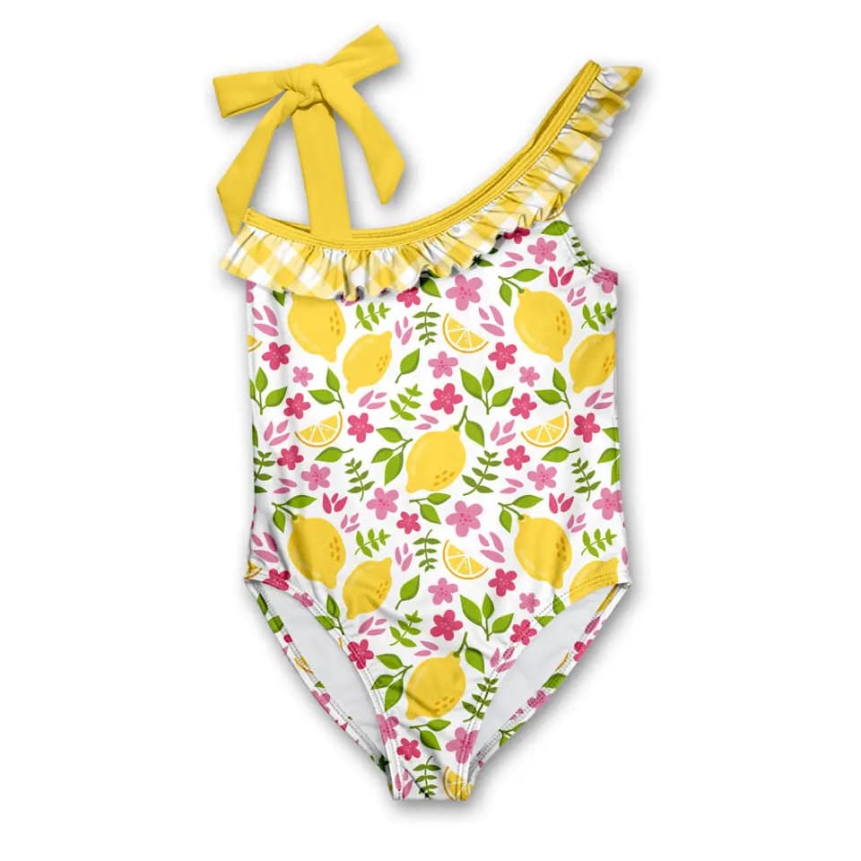 (Custom Design Preorder MOQ 5) Lemon Flowers Print Girls 1 Piece Swimsuits