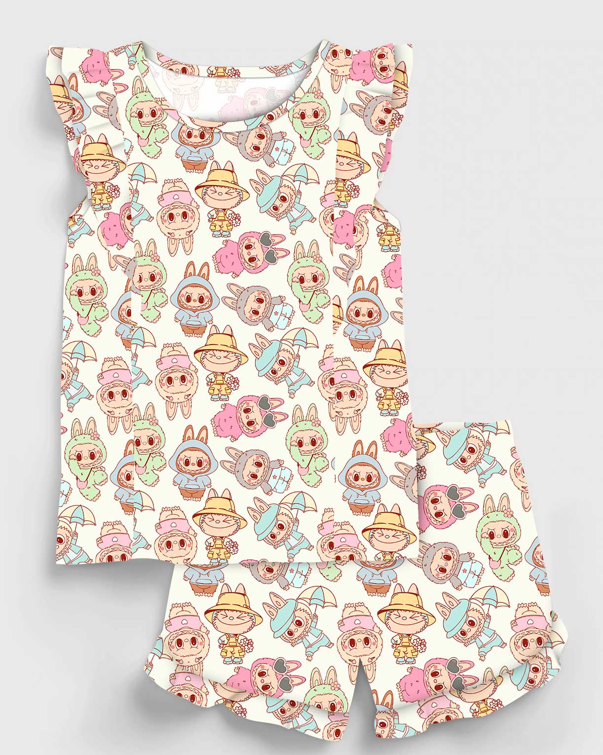 (Custom Design Preorder MOQ 5) Cartoon Labub* Print Shorts Girls Summer Clothes Set