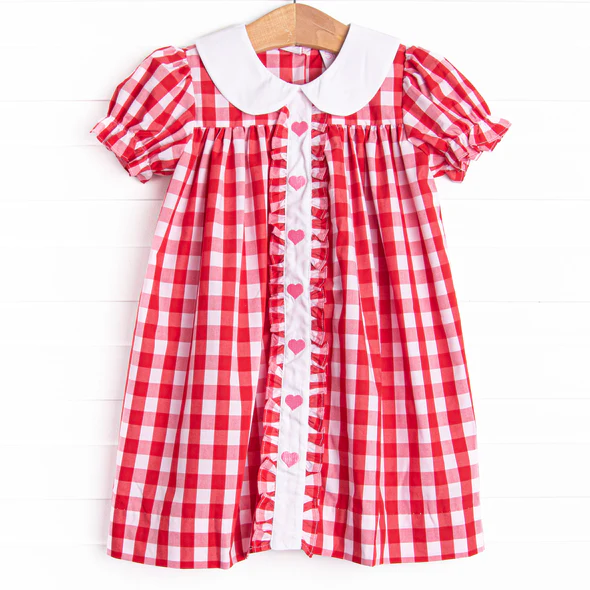 (Custom Design Preorder MOQ 5) Heart Red Plaid Print Girls Valentine's Day Knee Length Dress