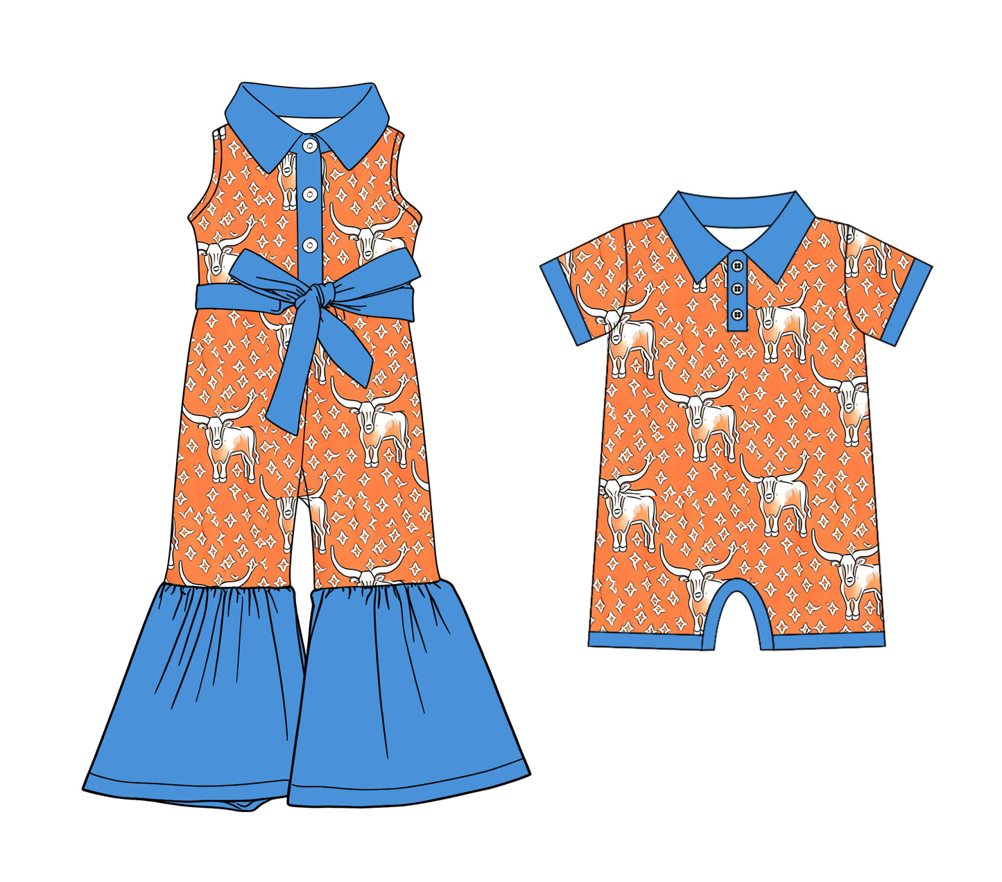 12.8 (Custom Design Preorder MOQ 5 Each Design) Highland Cow Print Kids Summer Western Matching Clothes Sibling Wear