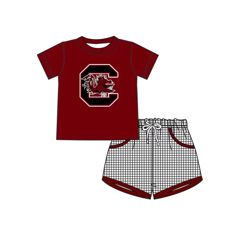 (Custom Design Preorder MOQ 5) Team's Southcarolina Top Plaid Shorts Boys Summer Clothes Set