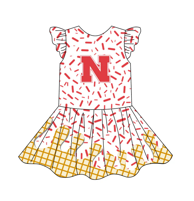 (Custom Design Preorder MOQ 5) Team's N Red Sprinkles Print Girls Summer Knee Length Dress