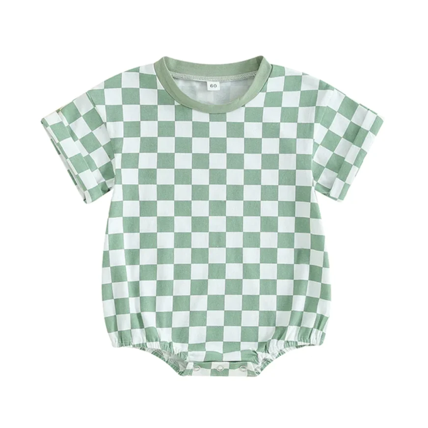 (Custom Design Preorder MOQ 5) Green Plaid Print Baby Kids Summer Romper