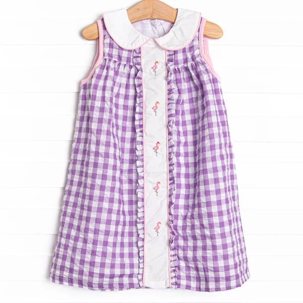 (Custom Design Preorder MOQ 5) Flamingo Purple Plaid Print Girls Knee Length Summer Dress