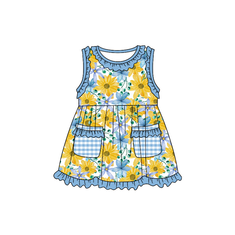 (Custom Design Preorder MOQ 5) Blue Flowers Print Pockets Girls Knee Length Summer Dress