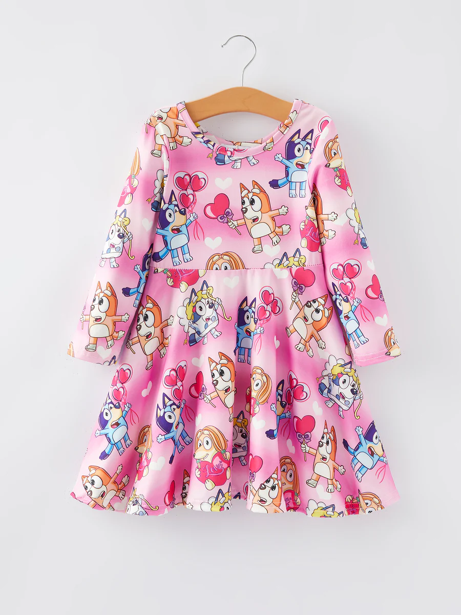 (Custom Design Preorder MOQ 5) Cartoon Dog Heart Print Girls Valentine's Day Knee Length Dress