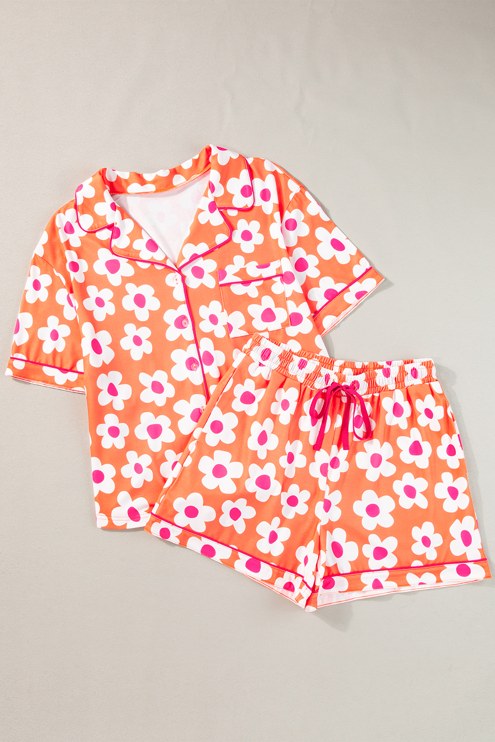 (Custom Design Preorder MOQ 5) Adult Orange Flowers Print Woman Buttons Summer Pajamas Clothes Set