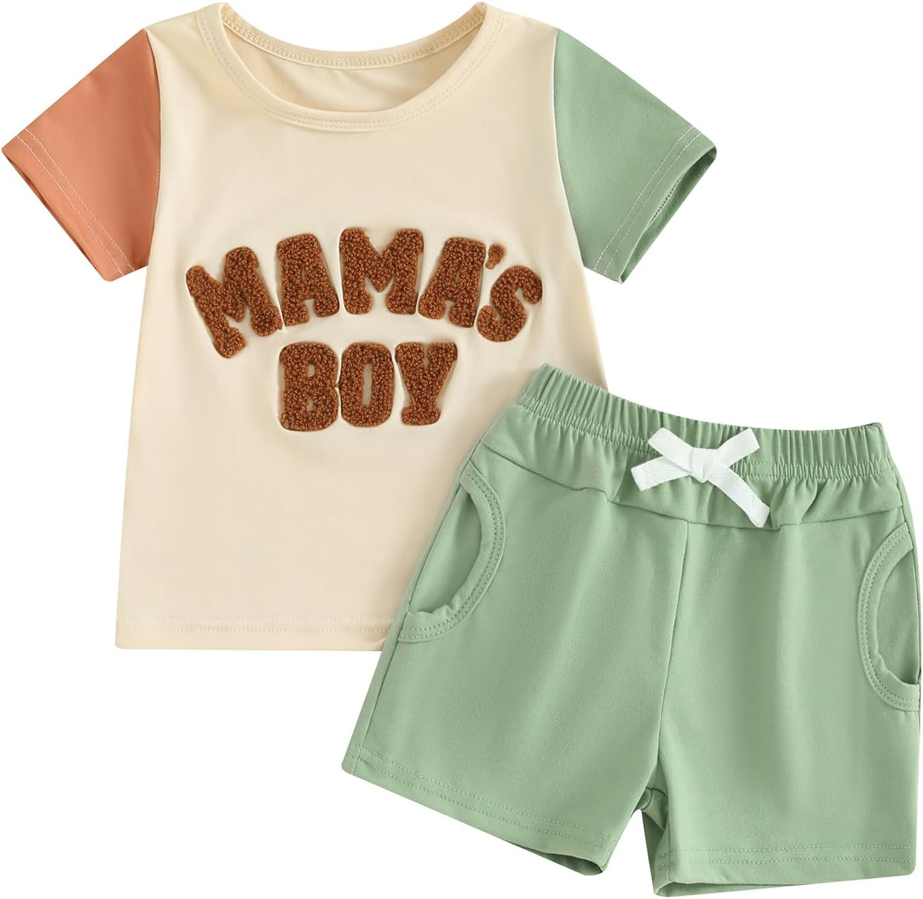 (Custom Design Preorder MOQ 5) MAMA'S Boy Top Green Shorts Boys Clothes Set
