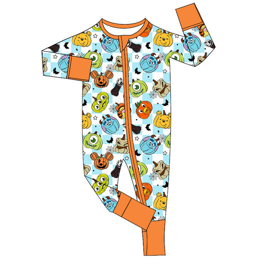 (Custom Design Preorder MOQ 20)  Cartoon Figure Pumpkin Print Baby Boys Bamboo Halloween Sleeper Zipper Romper