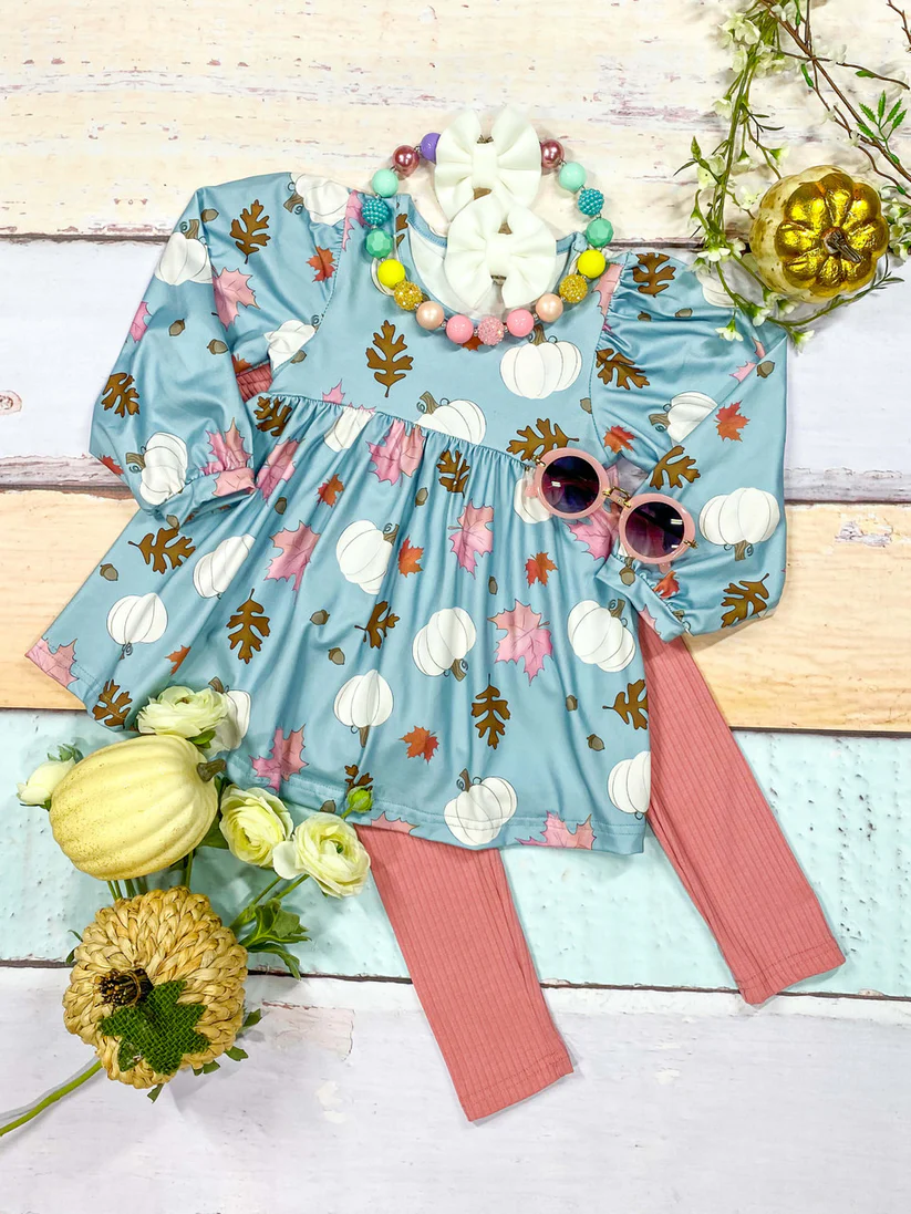 (Custom Design Preorder MOQ 5) Pumpkin Tunic Top Pink Pants Girls Fall Clothes Set