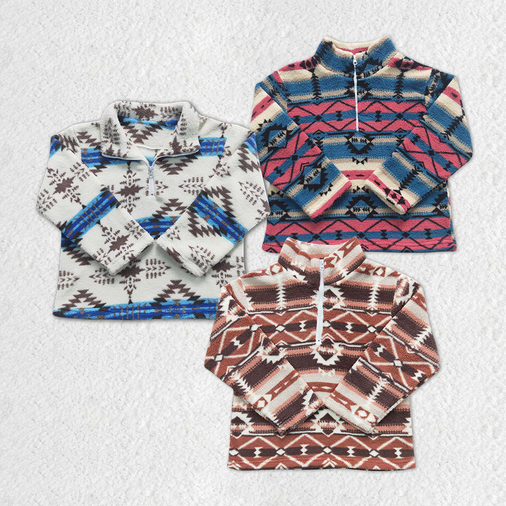 3 Colors Aztec Print Zipper Winter Thick Pullover Kids Sherpa Western Top
