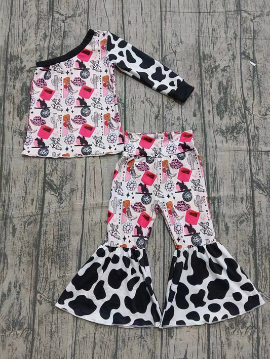(Custom Design Preorder MOQ 5) Cowgirl Boots Hat One Shoulder Sleeve Top Bell Pants Girls Western Clothes Set