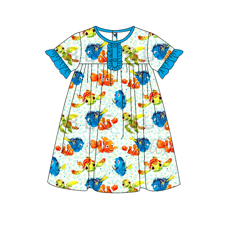 (Custom Design Preorder MOQ 5) Cartoon Fish Print Girls Knee Length Summer Dress