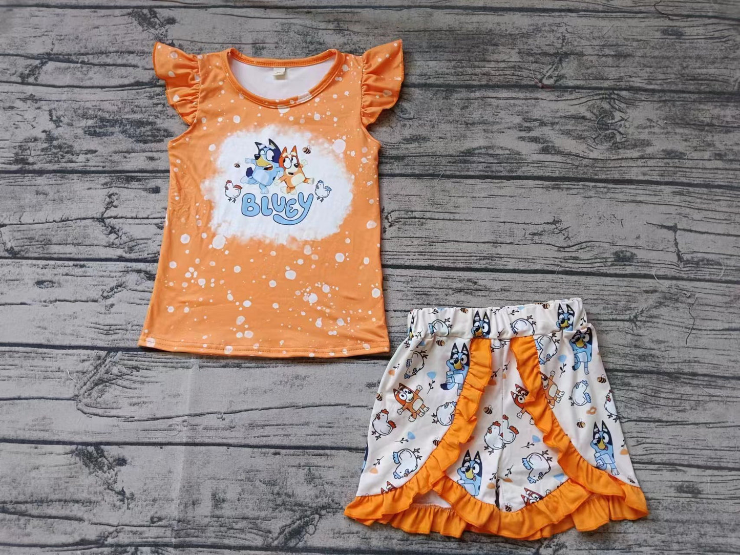 (Custom Design Preorder MOQ 5) Cartoon Dog Ruffle Shorts Girls Summer Clothes Set