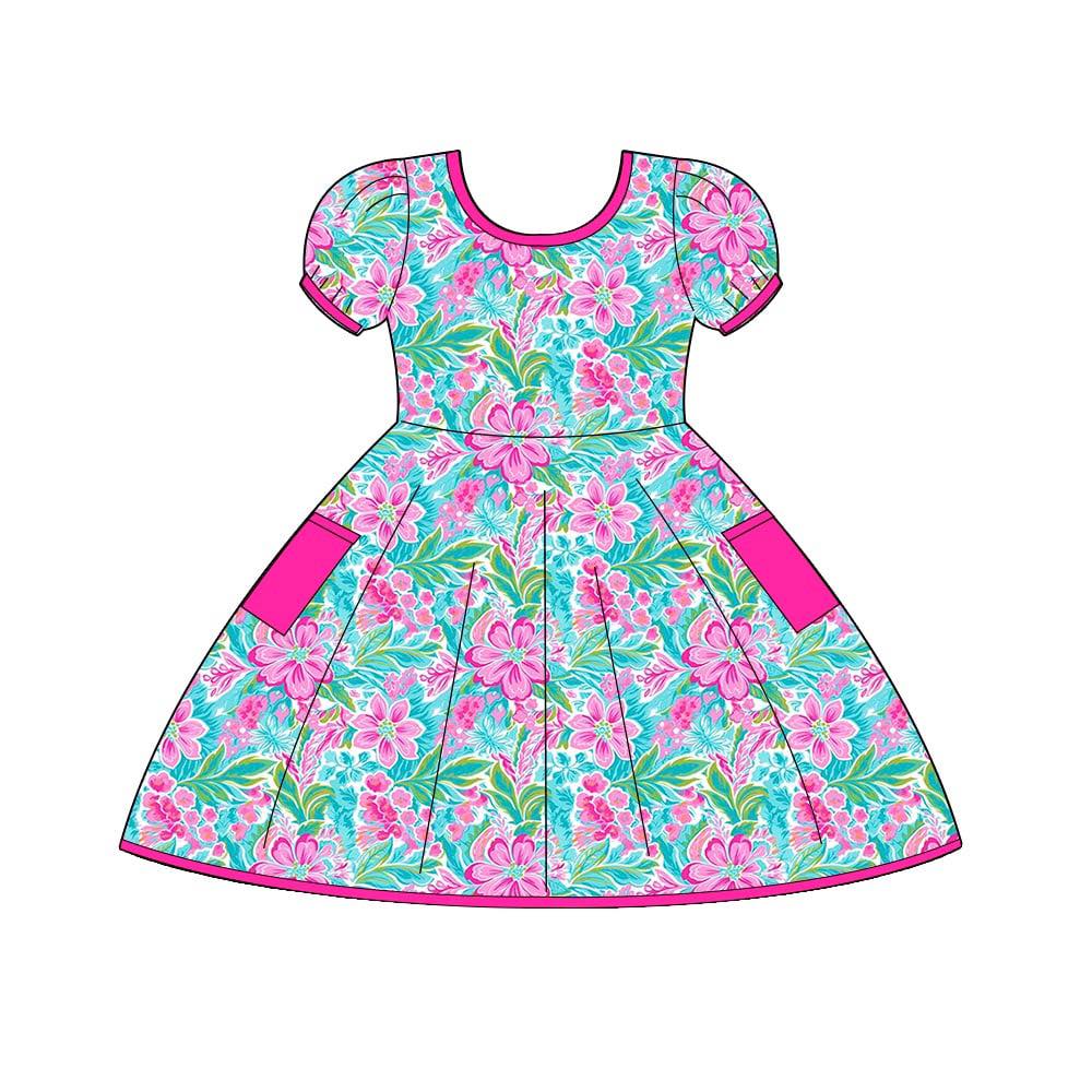 (Custom Design Preorder MOQ 5) Flowers Hot Pink Print Pockets Girls Summer Knee Length Dress