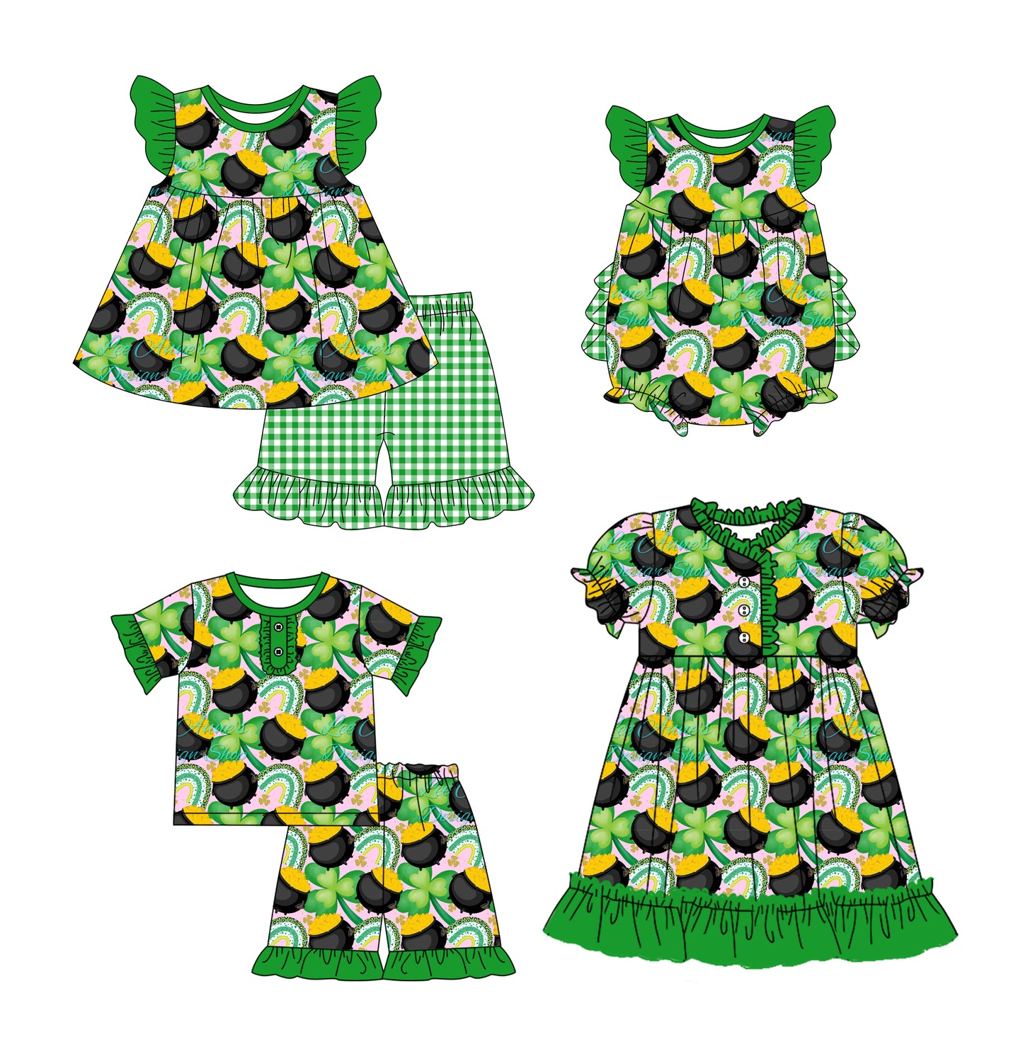 12.12(Custom Design Preorder MOQ 5 Each Design) Leaf Rainbow Print Girls St. Patrick's Day Matching Clothes Sisters Wear
