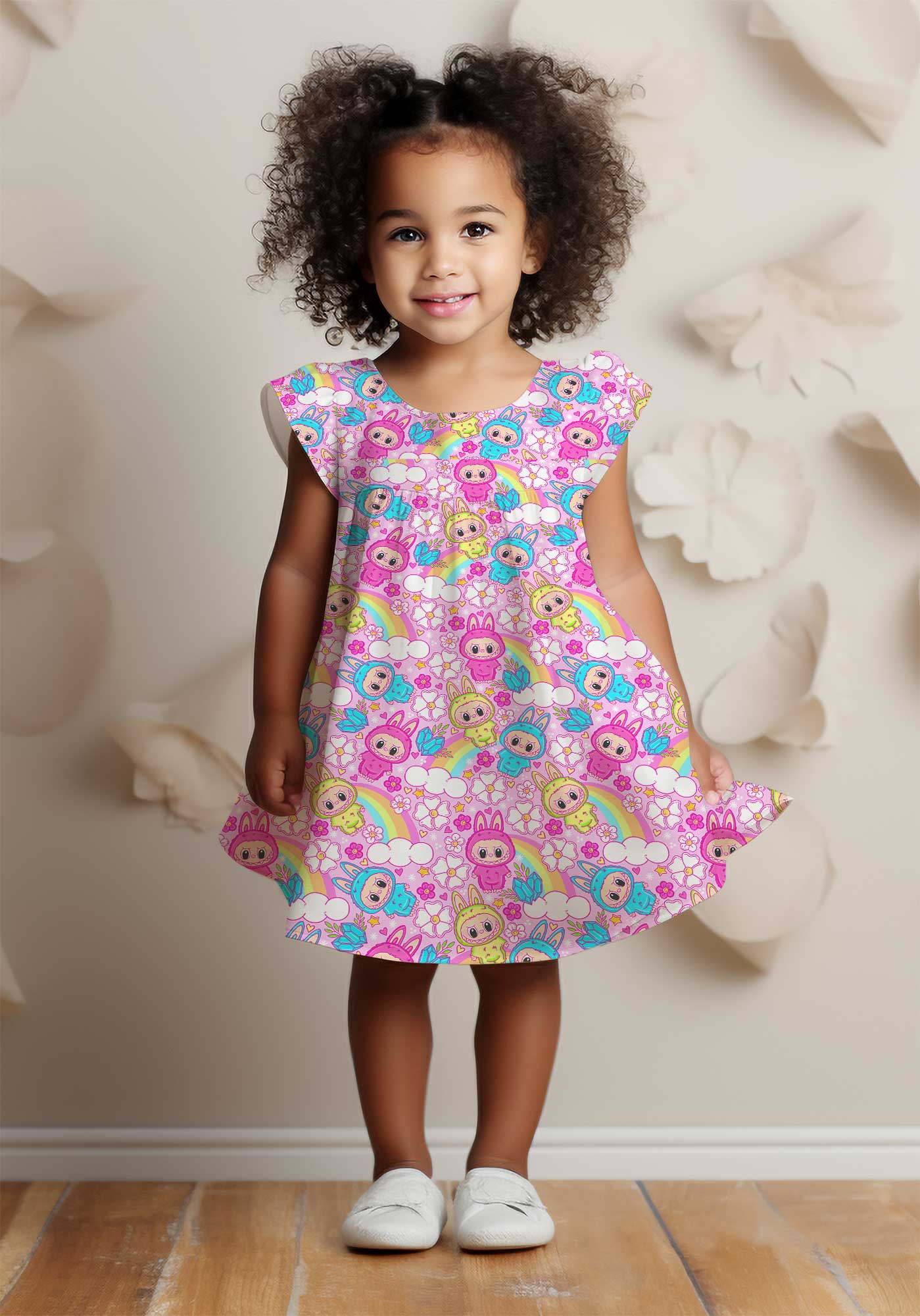 (Custom Design Preorder MOQ 5 ) Cartoon Labub* Rainbow Print Girls Flutter Knee Length Dress