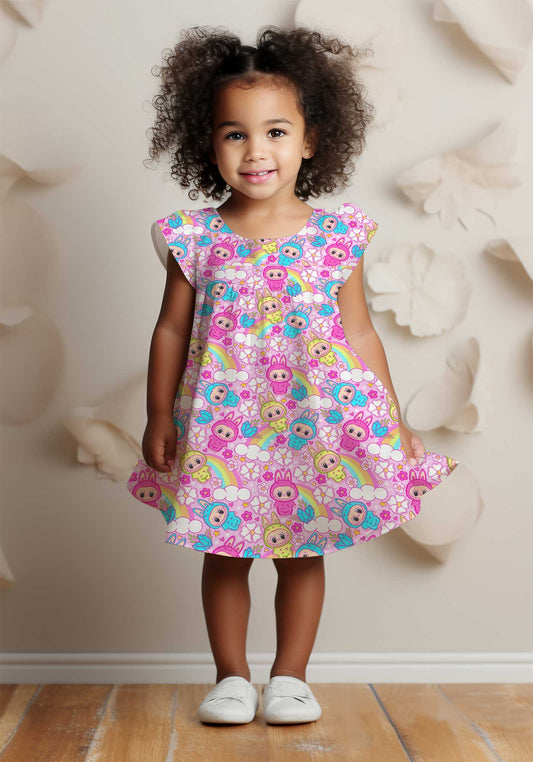 (Custom Design Preorder MOQ 5 ) Cartoon Labub* Rainbow Print Girls Flutter Knee Length Dress