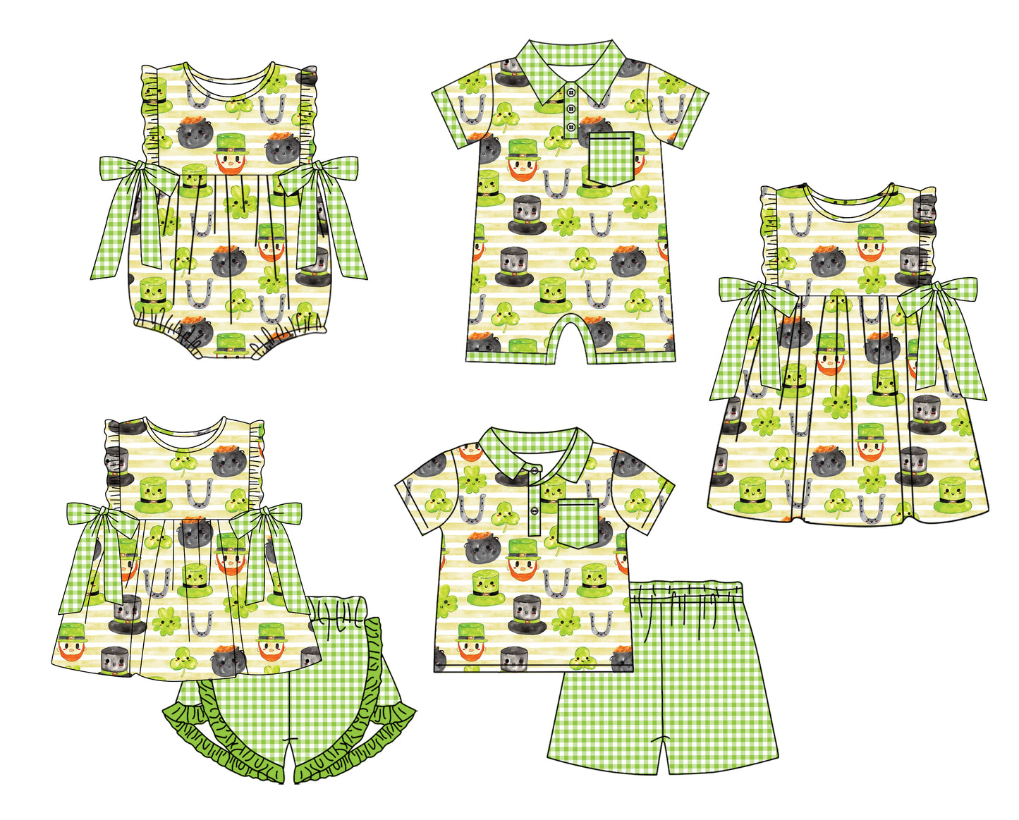 11.22(Custom Design Preorder MOQ 5 Each Design) Leaf Gold Green Plaid Print Kids St. Patrick's Day Matching Clothes Sibling Wear