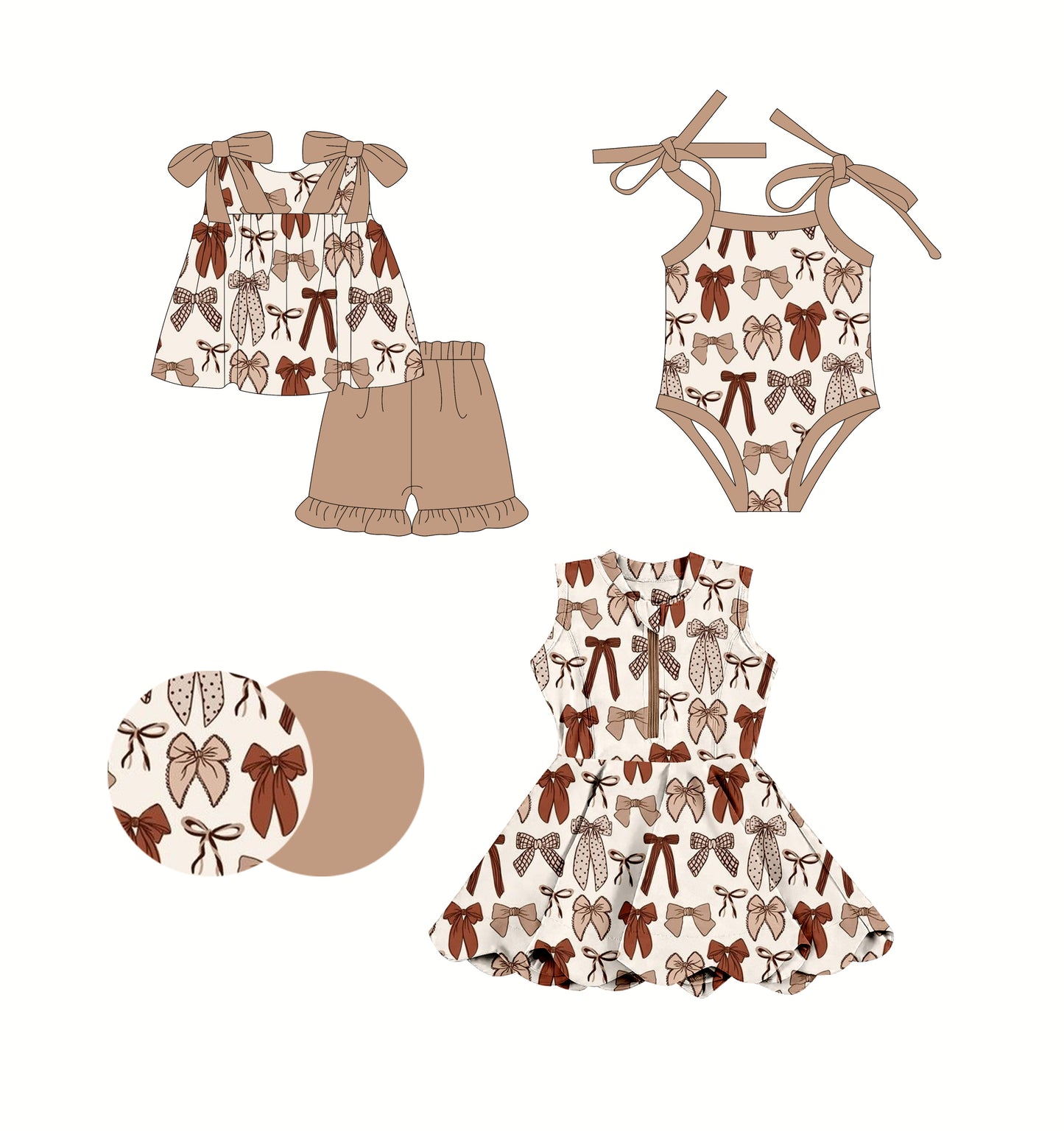 2.24(Custom Design Preorder MOQ 5 Each Design) Brown Bows Print Girls Summer Matching Clothes Sisters Wear