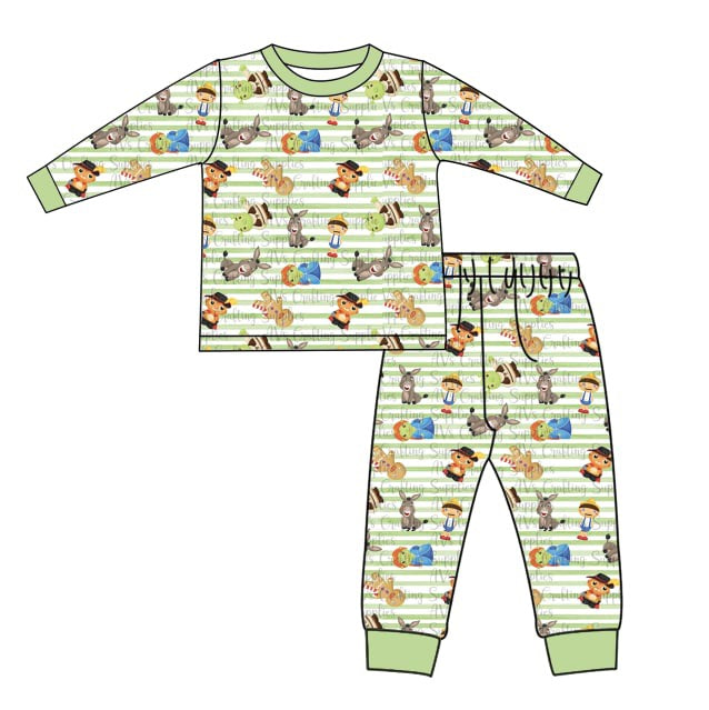 (Custom Design Preorder MOQ 5) Cartoon Characters Stripes Print Kids Christmas Pajamas Clothes Set