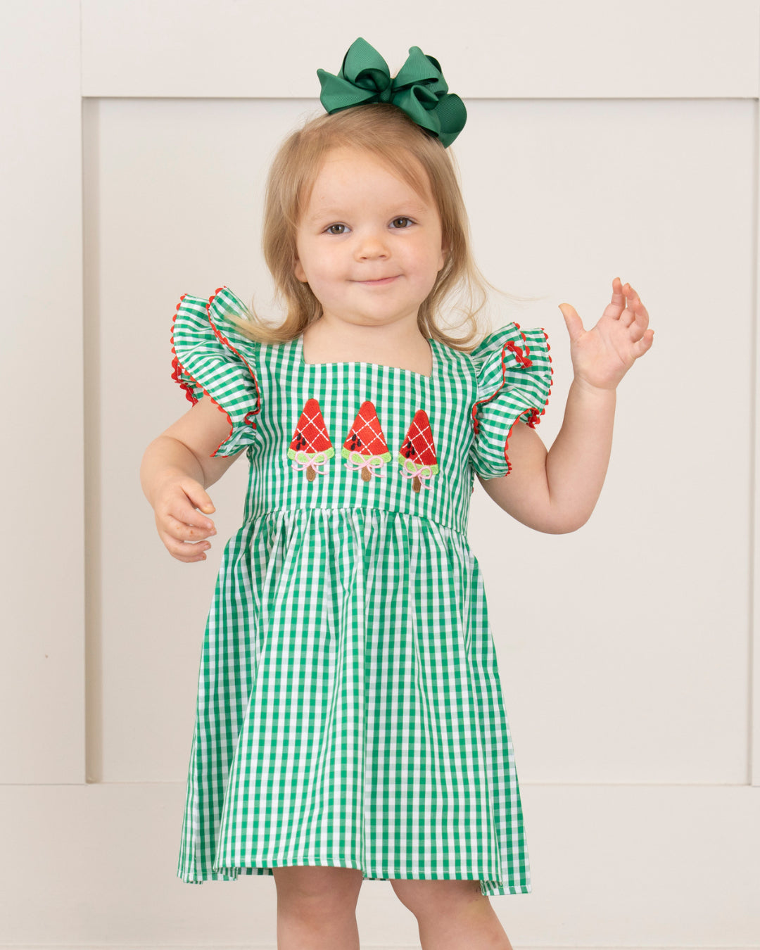 (Custom Design Preorder MOQ 5) Watermelon Green Plaid Print Girls Summer Knee Length Dress