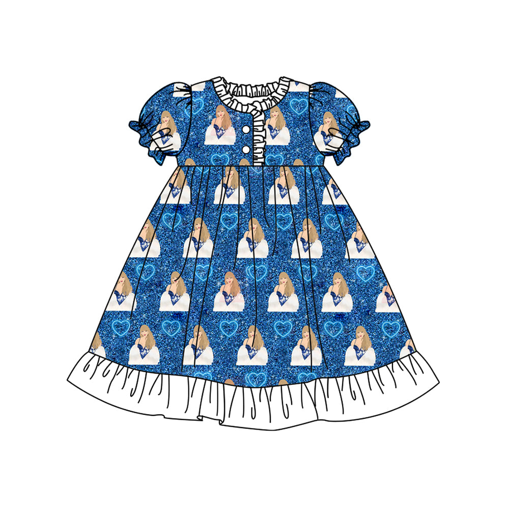 12.10(Custom Design Preorder MOQ 5) Singer Swiftie Heart Blue Print Girls Summer Pajamas Knee Length Dress
