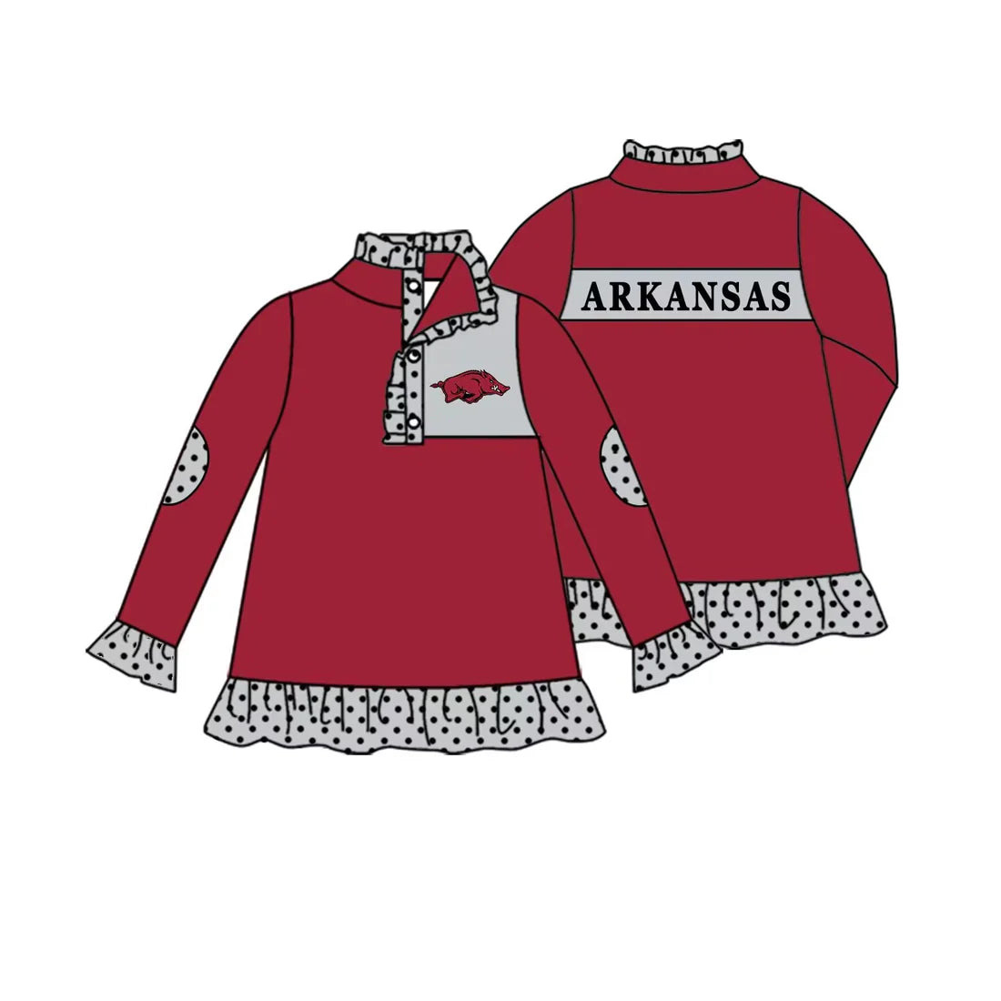 (Custom Design Preorder MOQ 5) Team's ARKANSAS Print Grey Ruffle Girls Long Sleeve Zipper Pullover Shirts Top