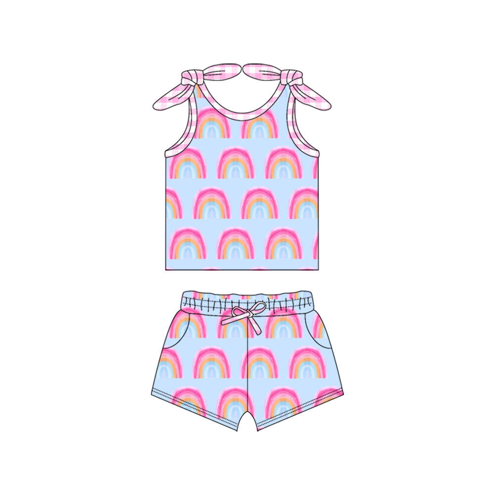 (Custom Design Preorder MOQ 5)Rainbow Print Pockets Shorts Girls Summer Clothes Set