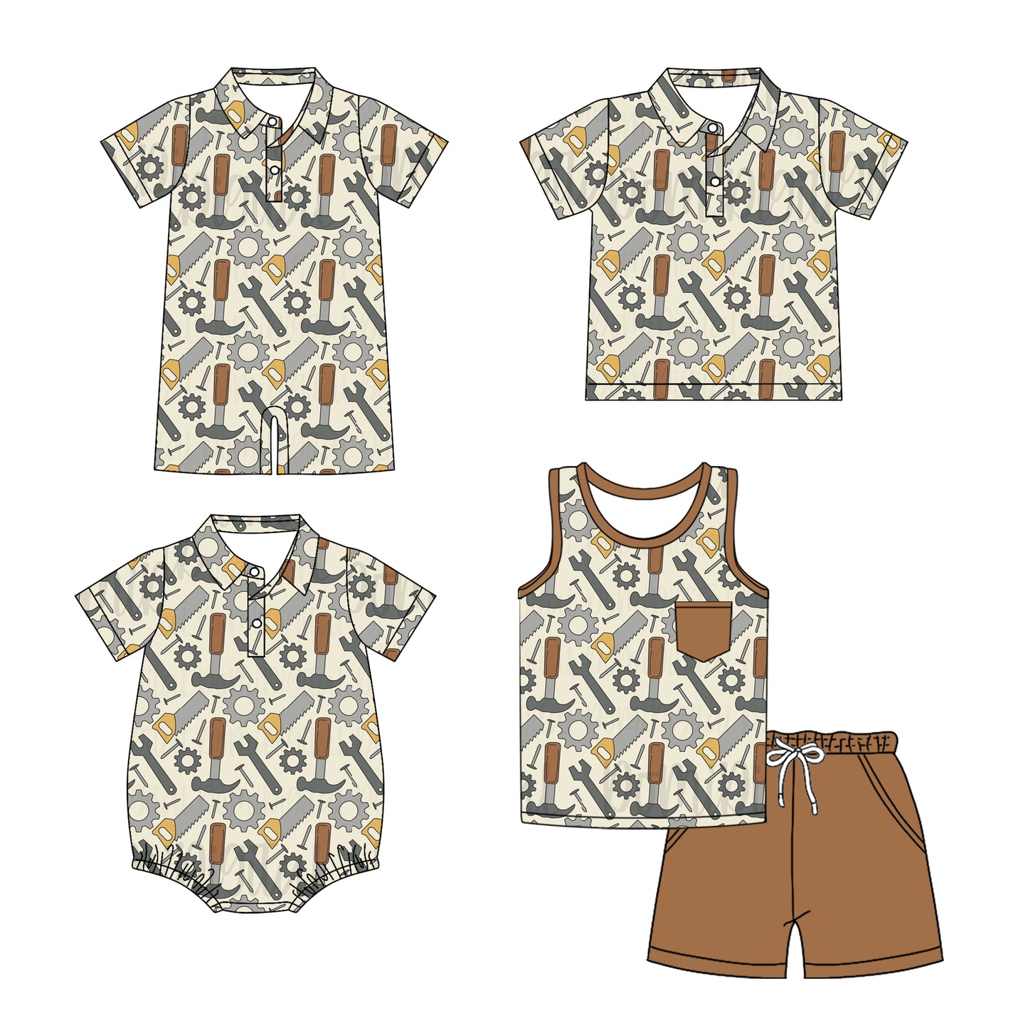 3.10(Custom Design Preorder MOQ 5 Each Design) Tool Print Boys Summer Matching Clothes Brothers Wear