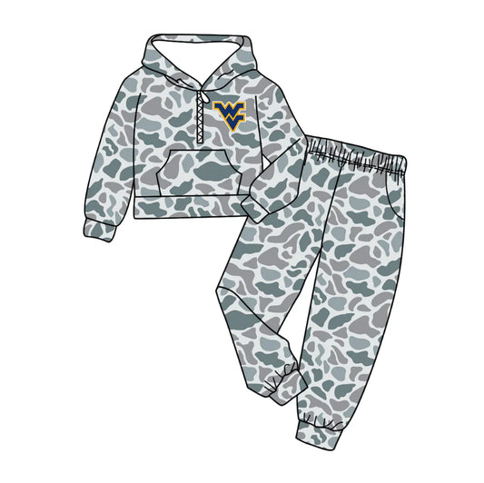 (Custom Design Preorder MOQ 5) Team's WV Grey Camo Print Hoodie Zipper Top Pockets Pants Boys Fall Clothes Set