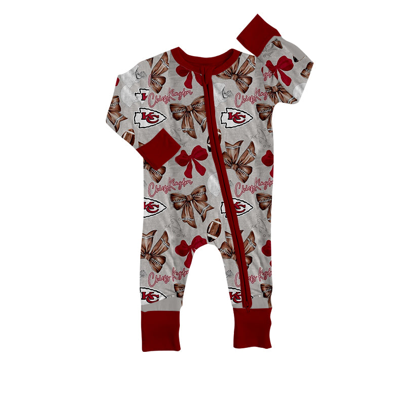 (Custom Design Preorder MOQ 20) Team's CHIEFS Bows Print Baby Girls Fall Bamboo Sleeper Zipper Romper