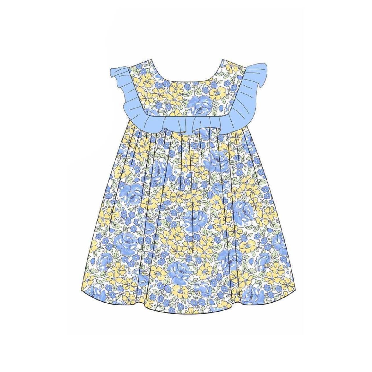 (Custom Design Preorder MOQ 5) Blue Yellow Flowers Print Girls Summer Knee Length Dress
