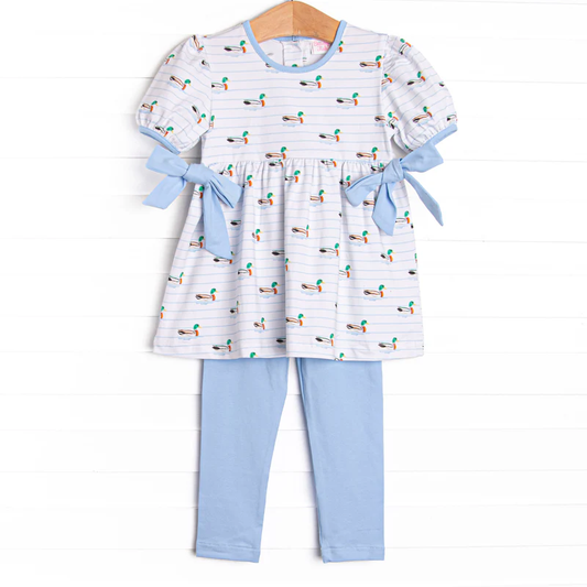 (Custom Design Preorder MOQ 5) Duck Stripes Tunic Top Blue Pants Girls Clothes Set