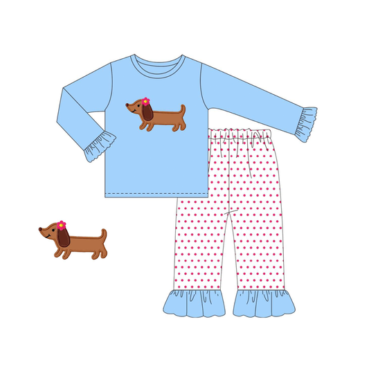 (Custom Design Preorder MOQ 5) Dog Blue Top Dots Pants Girls Fall Clothes Set