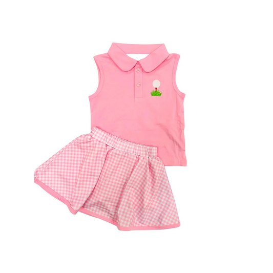 (Custom Design Preorder MOQ 5) Golf Pink Polo Top Plaid Skirts Shorts Girls Summer Clothes Set