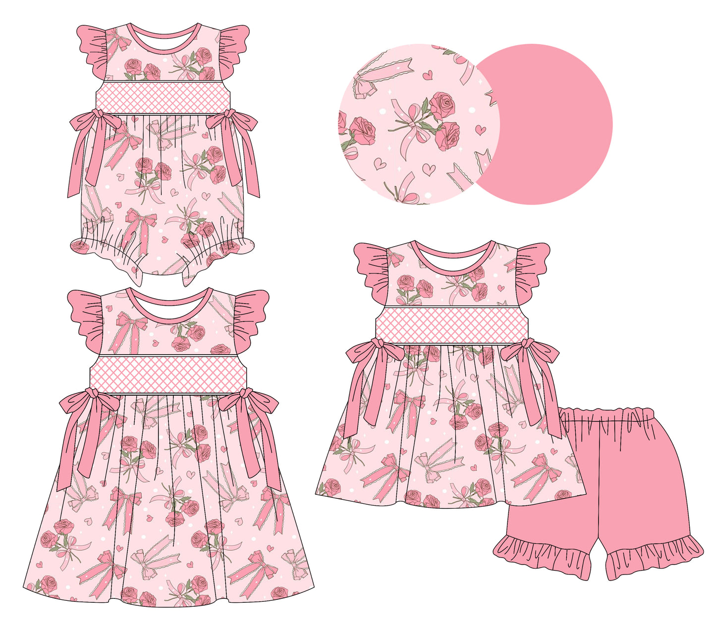 3.7(Custom Design Preorder MOQ 5 Each Design) Flowers Pink Bows Print Girls Summer Matching Clothes Sisters Wear