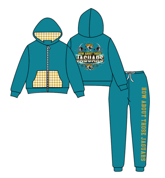 (Custom Design Preorder MOQ 5) Team's JAGUARS Zipper Hoodie Top Green Pants Kids Fall Clothes Set