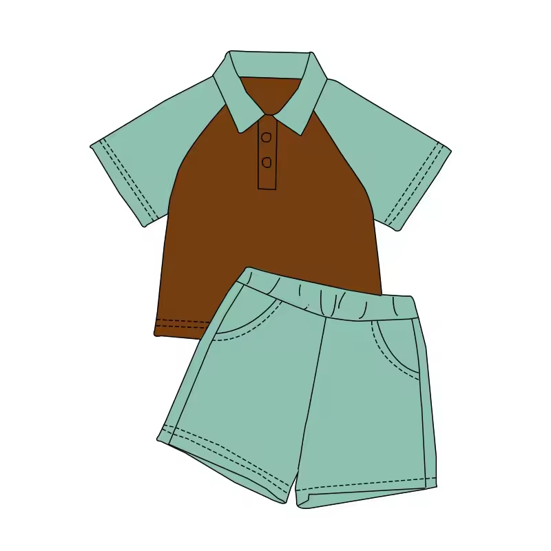 (Custom Design Preorder MOQ 5) Brown Polo Top Green Shorts Boys Summer Clothes Set