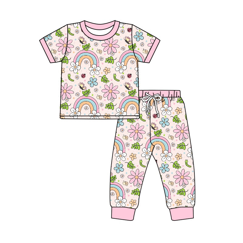 (Custom Design Preorder MOQ 5) Pink Flowers Rainbow Print Girls Pajamas Clothes Set