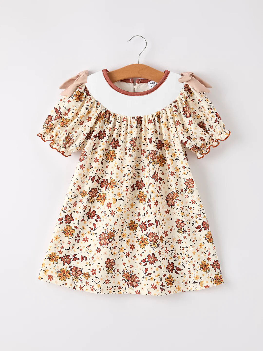 (Custom Design Preorder MOQ 5 ) Brown Flowers Print Girls Fall Knee Length Dress