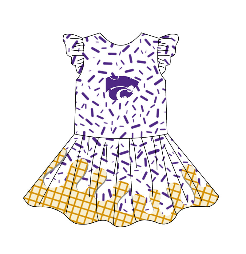 (Custom Design Preorder MOQ 5) Team's Purple Sprinkles Print Girls Summer Knee Length Dress