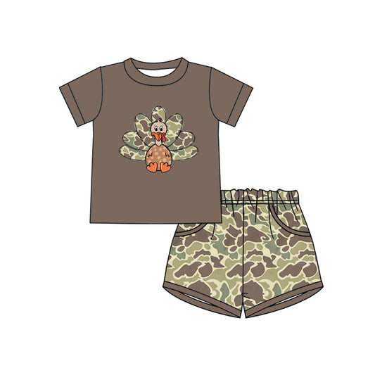 (Custom Design Preorder MOQ 5) Turkey Top Camo Shorts Boys Thanksgiving Clothes Set