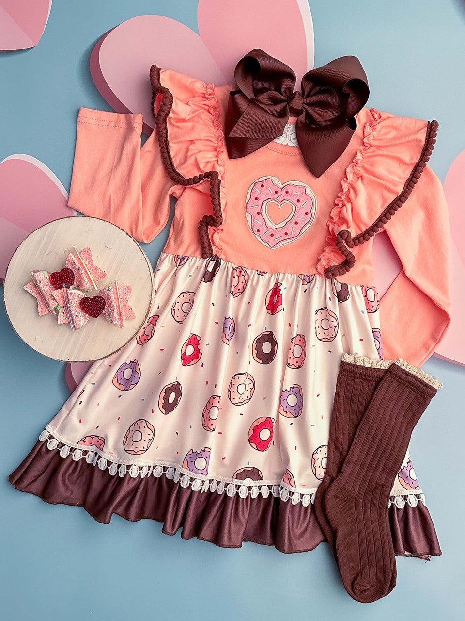 (Custom Design Preorder MOQ 5) Donut Print Girls Valentine's Day Knee Length Dress