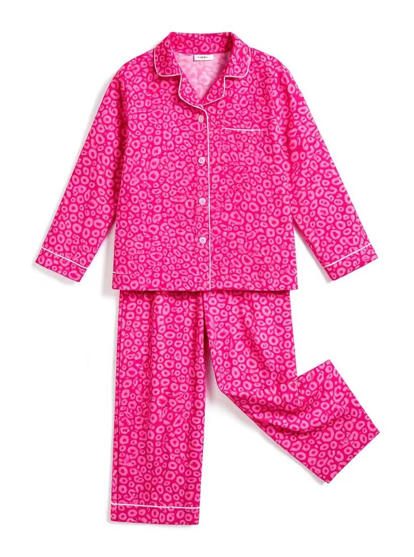 (Custom Design Preorder MOQ 5) Hot Pink Leopard Print Girls Valentine's Day Buttons Pajamas Clothes Set