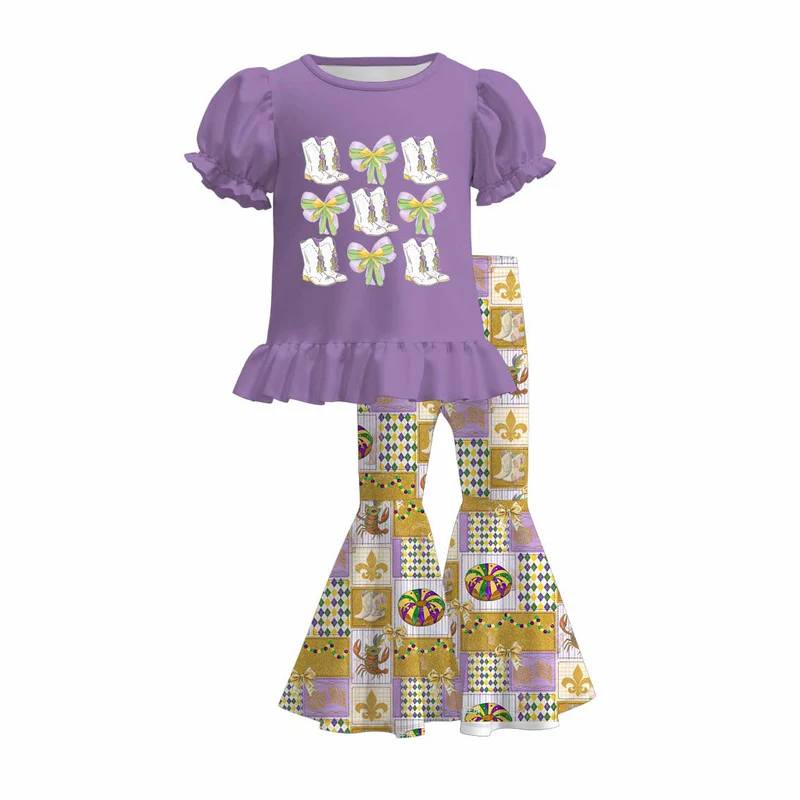 (Custom Design Preorder MOQ 5) Boots Bows Purple Top Bell Pants Girls Mardi Gras Clothes Set