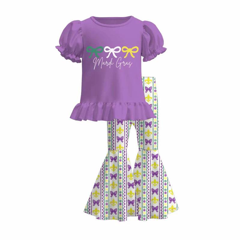(Custom Design Preorder MOQ 5) Bows Mardi Gras Purple Top Bell Pants Girls Clothes Set