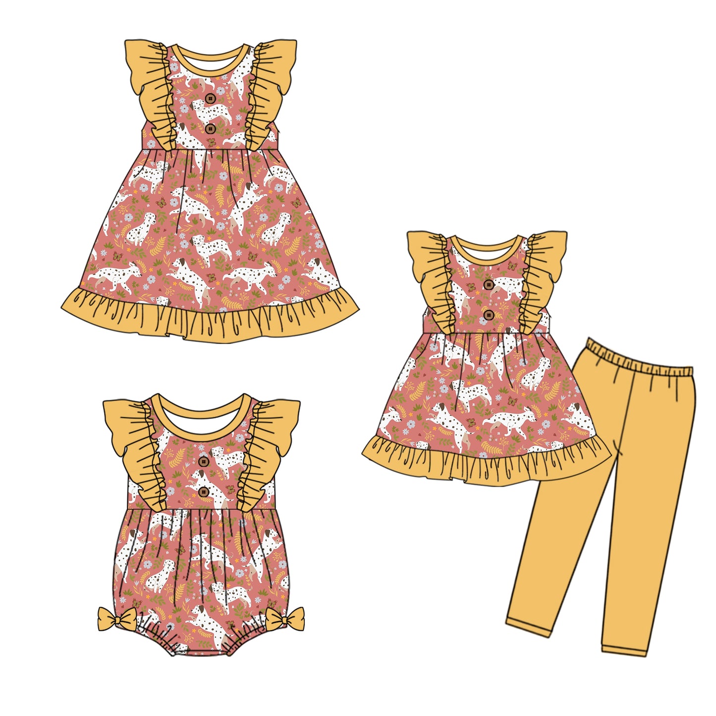 5.6(Custom Design Preorder MOQ 5 Each Design) Dog Flowers Print Girls Matching Clothes Sisters Wear