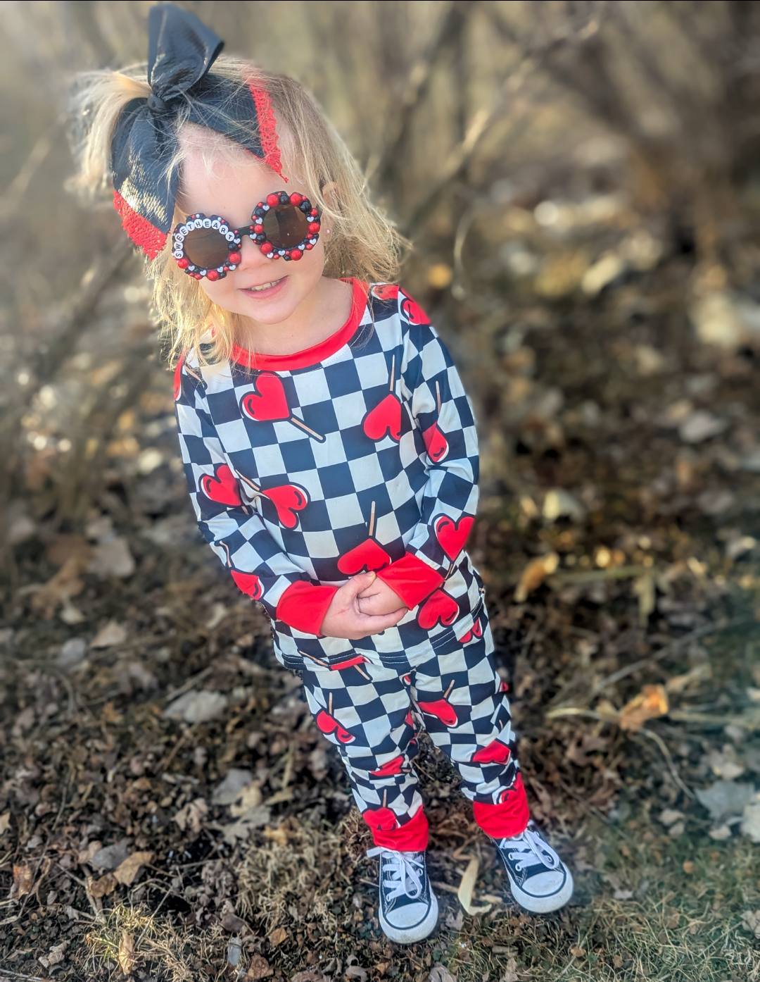 (Promotion)BLP0443 Black Plaid Heart Print Kids Valentine's Pajamas Clothes Set