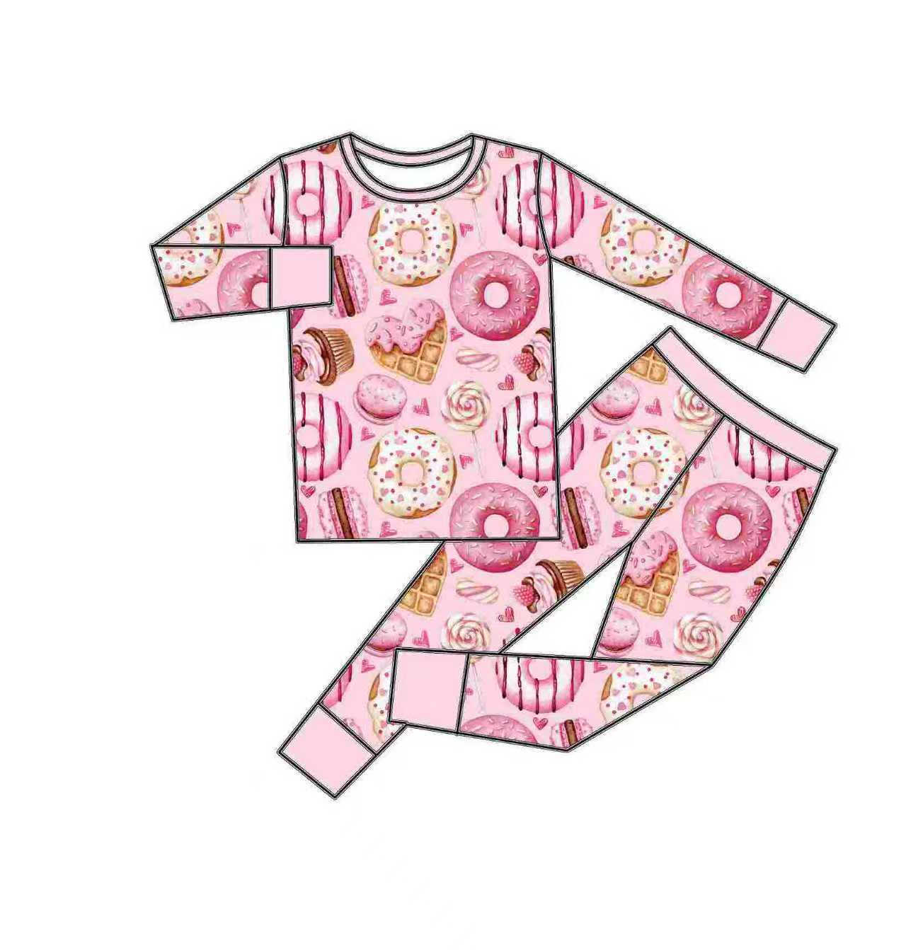 (Custom Design Preorder MOQ 5) Donut Hearts Print Girls Valentine's Day Pajamas Clothes Set